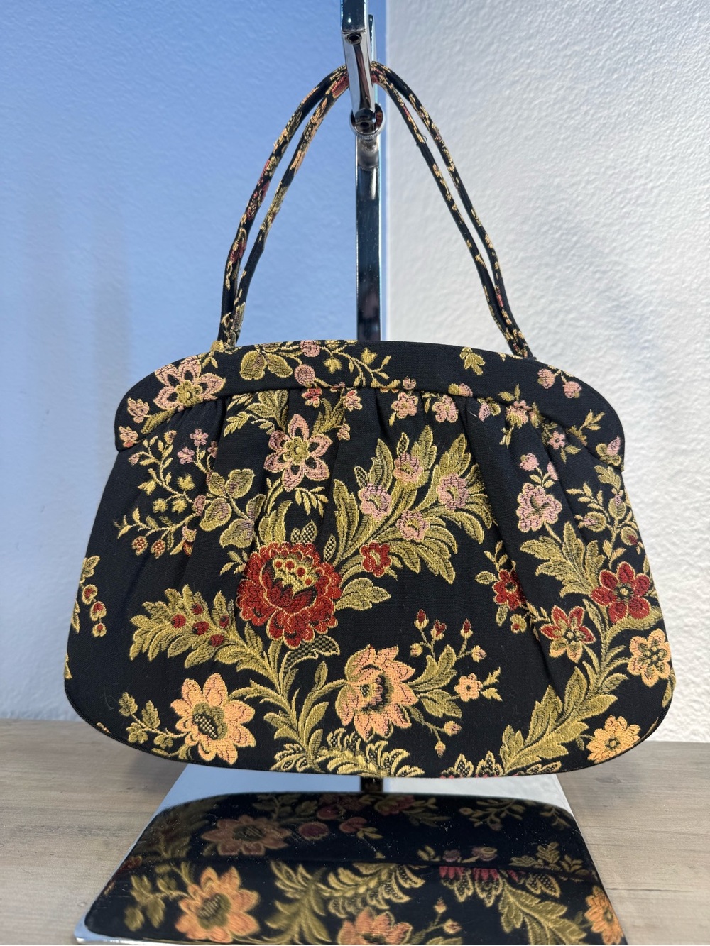 Vintage 1950s Crown Lewis Floral Tapestry Purse Mirror Comb MCM-UNUSED! NOS